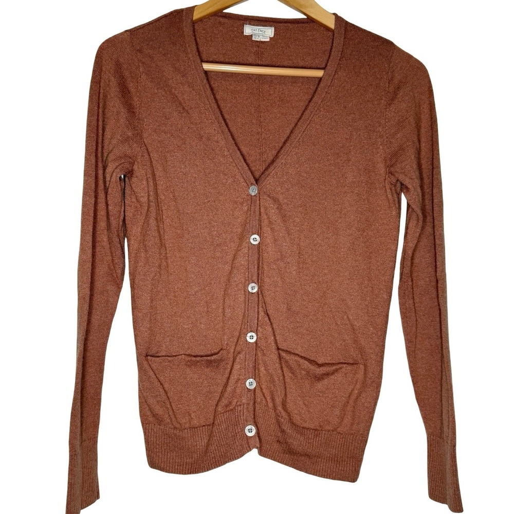 FatFace Cardigan Brown Size 4 Wool Cashmere Blend V-Neck Pockets Dark Academia